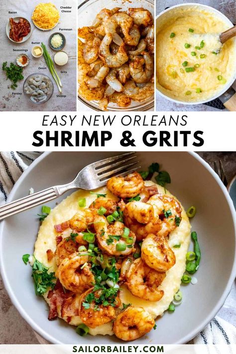 Enjoy a classic New Orleans shrimp and grits featuring cheesy grits topped with juicy Cajun shrimp and fresh herbs. A delicous and crowd-pleasing dinner or lunch ideas that is incredibly easy to make! Shrimp And Grits Recipe New Orleans, Grits Appetizer, New Orleans Shrimp And Grits, Seafood Grits, Best Shrimp And Grits Recipe, New Orleans Shrimp, Easy Shrimp And Grits, Southern Shrimp And Grits, Sailor Bailey