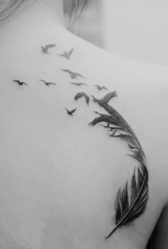 good flying birds and feather tattoo Tatoo 3d, Feather With Birds Tattoo, Tiny Bird Tattoos, Feather Tattoo, Cat Air, Feather Tattoos, Birds Tattoo, Trendy Tattoos, Foot Tattoos