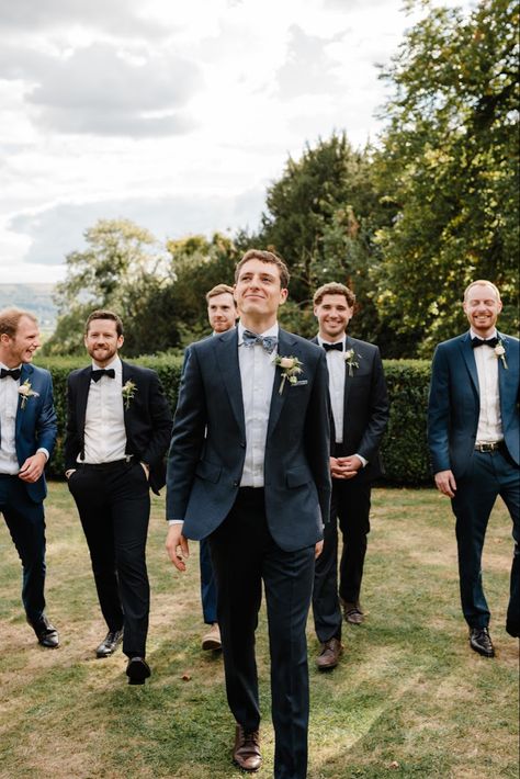 Mismatched navy and blue suits for groomsman with bowties, asked them to wear their own Photo by Charlie Britz Groom Suit Navy, Suit For Groom, Navy Groom, Blue Suits, September Wedding, Navy Suit, Groom Suit, Groom And Groomsmen, Blue Suit