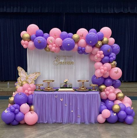 Pink And Gold Balloon Arch With Butterflies, Purple Butterfly Baby Shower Backdrop, Pink And Purple Butterfly Balloon Arch, Purple Quinceanera Theme, Pink And Purple Butterfly Baby Shower Decorations, Butterfly Purple Babyshower, Rose Gold Bridesmaid Dress, Princess Jasmine Birthday, Butterfly Decoration