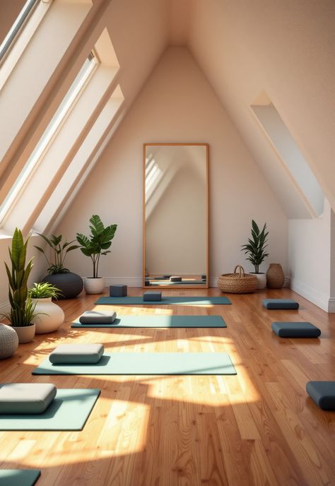 Small attic room ideas Attic Yoga Studio, Yoga Studio Ideas, Small Yoga Studio Design, Small Yoga Room, Small Yoga Studio, Converted Attic Space, Converted Attic, Attic Workspace, Small Attic Room Ideas