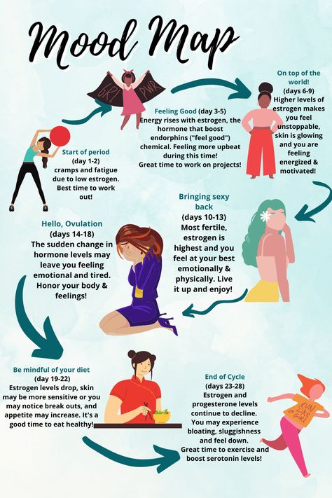 Ever wonder how your hormones can effect you in your day to day life? Here's a Mood Map that details what your how you hormones can effect you at different stages of your cycle!  #selfcare #hormones #selflove #relax Hormone Nutrition, Menstrual Cycle Phases, Menstruation Cycle, Period Blood, Period Cycle, Low Estrogen Symptoms, Too Much Estrogen, Low Estrogen, Healthy Hormones