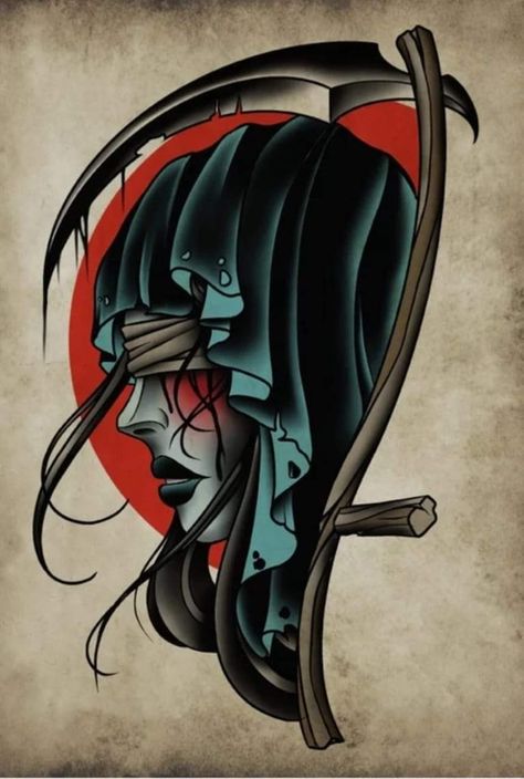 Traditional Tattoo Reaper, Face Hand Tattoo, Lady Reaper, Tattoo Grim Reaper, Hip Hop Tattoo, Neo Traditional Art, Traditional Woman, Learn To Tattoo, Reaper Tattoo