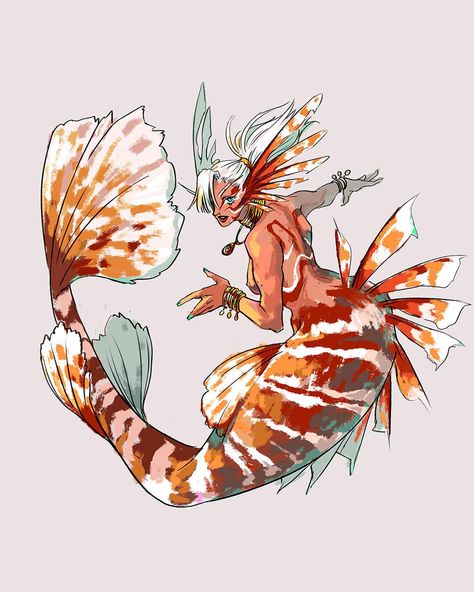 Lionfish Mermaid 🦁⠀ ⠀ -Day 4 of Mermay-⠀ Another beautiful fish....but deadly!☠️⠀ The look of lionfish always remind me of fearless warriors and fighters (they’re poisonous, and also considered as invasive species.) So I gave her a more buff body type! I love drawing muscles but I also need to do more studies on it! :o⠀ I used reference for the pose, it turned out really fun to experiment with mermaid anatomy! I first thought it’s going to be difficult but I think I’m already more familiar with Cool Mermaid Designs, Water Character Concept Art, Lionfish Character Design, Lionfish Drawing, Lion Fish Mermaid, Character Design Mermaid, Lionfish Art, Whale Character Design, Merfolk Character Design