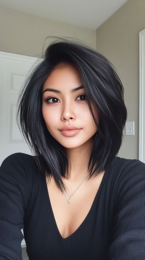 Lob Haircuts Mid Pixie Haircut, Long Bob Aline, Black Bob Hairstyles With Bangs, A Line With Bangs, Aline Haircut Medium, Angled Bob Hairstyles With Bangs, Short Black Hair With Layers, Goth Bob Haircut, Asian Long Bob