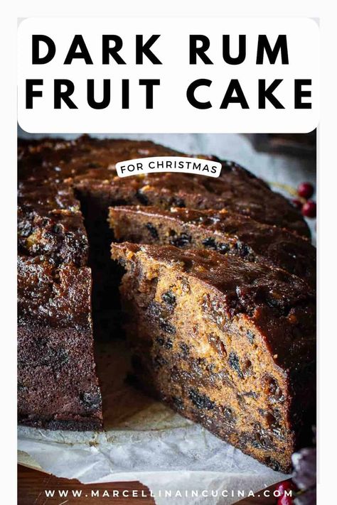 This Rum Fruit Cake is incredibly moist and flavorful, and the only recipe you’ll need.  Filled with plump fruit, crunchy walnuts, and holiday spices, it’s sure to win over any fruit cake skeptic. Best of all, it’s an easy recipe—no mixer needed! #RumFruitCake #RumFruitCakeRecipe #MoistFruitCakeRecipe Spiced Rum Fruit Cake, Dark Fruit Cake Recipe Christmas, Fruit Cake With Alcohol, Dark Fruit Cake Recipe With Rum, Rum Soaked Fruit Cake, Fruit Cake With Brandy, Homemade Fruit Cake Recipe, Fruitcake Recipes Traditional With Rum, Boozy Fruit Cake