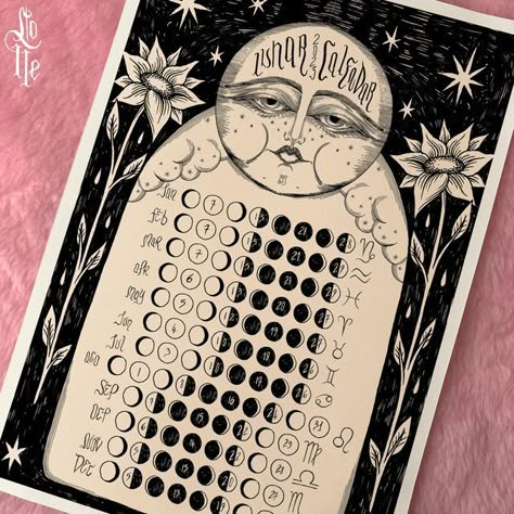 🎀 𝕷𝖔𝖑𝖑𝖊 🎀 on Instagram: "✧ it took a bit more then expected, but I made it! the 2023 Lunar Calendar is now available for download on my shop 🌙 || 👉🏻 link in my bio 🌜✨ ✶ an original Celestial themed ink illustration, representing the 2023 moon phases ♡ the artwork comes in two digital files : digital wallpaper (perfect to be used as background for your devices) and an high-res PDF, ready to be printed and used as wall art! 👌🏻 • ink on paper + procreate // digital editing and coloring Moon Phases Calendar, Digital Editing, Calendar Themes, Moon Phase Calendar, Moon Journal, Moon Calendar, Oracle Tarot, Lunar Calendar, Witchy Stuff