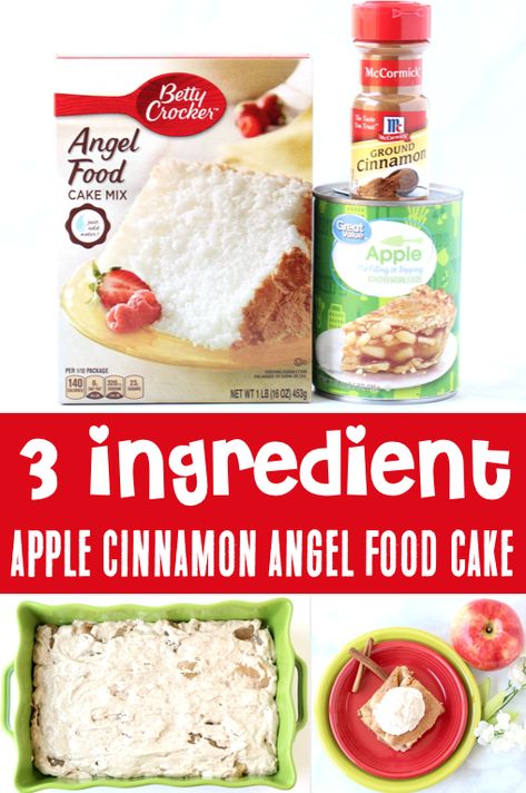 Apple Desserts - Easy Fall Angel Food Dump Cake!  With the perfect blend of fragrant Cinnamon and sweet Apples, this cozy Fall dessert is just what your week needs!  It's light, fluffy, and the perfect ending to any day!  Just 3 ingredients and you're done!  So go grab the recipe and give it a try this week! Apple Pie Angel Food Cake, Homemade Baked Desserts Easy, Dump Cake With Angel Food Cake, Apple Angel Dump Cake, Ww Angel Food Cake Recipes, What To Make With Angel Food Cake, Boxed Angel Food Cake Recipes, Angle Food Cake Dessert Ideas, Cake For Diabetics Recipe