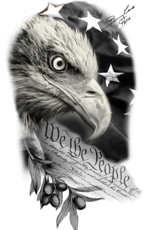 All American tattoo sleeve concept America Themed Tattoo Sleeve, American Patriotic Tattoos, Eagle Flag Tattoo Men, Usa Eagle Tattoo, Patriotic Half Sleeve Tattoos For Men, Eagle And Flag Tattoo Design, We The People Tattoo Design Stencil, American Eagle Tattoo Design, American Soldier Tattoo