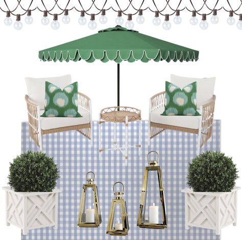 Blue And White Outdoor Planters, Preppy Patio Outdoor Spaces, Grand Millennial Patio, Outdoor Patio Ideas With Umbrella, Grand Millennial Porch, Grandmillenial Patio, Chinoiserie Patio, Blue And White Patio, String Lights Outdoor Patio