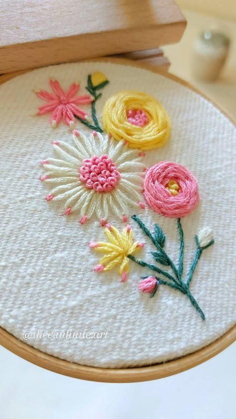 𝑻𝒉𝒆 𝑰𝒏𝒇𝒊𝒏𝒊𝒕𝒆 𝑨𝒓𝒕 ~ 𝒆𝒎𝒃𝒓𝒐𝒊𝒅𝒆𝒓𝒚 | Some vibrant stitches with peaceful birds melody ✨️🌸🌼🍃 . . [Embroidery, art, flowers, yellow, pink, peaceful, hand embroidery]... | Instagram Embroidery Flower Designs Free Pattern, Hand Work Flower Design, Peaceful Arts And Crafts Projects, Embroidery Designs Neck, Handwork Motifs, Baby Embroidery Patterns, Embroidery Hoop Designs, Embroidery Portfolio, Embroidery Design For Beginners