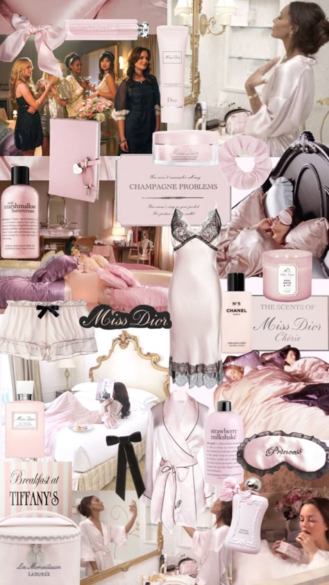 Blair Sleepover, Pink Blair Waldorf Aesthetic, Blair Waldorf Essentials, Blair Waldorf Sleepover, Pink Blair Waldorf, Blair Waldorf Moodboard, Sleepover Moodboard, Blair Waldorf Collage, Blair Waldorf Lifestyle