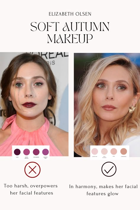 Soft Autumn Makeup Elizabeth Olsen Color Season Analysis, Season Analysis, Soft Autumn Makeup, Autumn Color Palette Fashion, Soft Autumn Palette, Autumn Skin, Soft Summer Palette, Soft Autumn Color Palette, Autumn Makeup