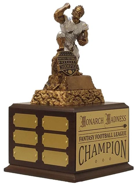 Fantasy Football Champion Monster Perpetual Trophy | Engraved FFL Perpetual Award - 13 Inch TallFor the Champion BEASTS in your league! Our exclusive Fantasy Football Champion Perpetual Trophy is mounted on a Perpetual base with a front plate personalized with your league name and surrounded by engraved metal plates that will recognize their magnificence for the ages!  Features an 6.75" Monster topper celebrating on his Fantasy Football Champion shield - Available with a Cherry or Matte Black ba Fantasy Football Champion, Trophy Engraving, Football Trophy, Fantasy Football Trophy, Football Trophies, Fantasy Football League, Front Plate, Engraved Metal, Metal Plates