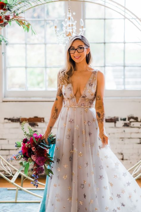 Star Wedding Dress, Star Themed Wedding, Bride With Glasses, Whimsical Wedding Inspiration, Galaxy Party, Galaxy Wedding, Engagement Dinner, Brides With Tattoos, Wedding Stories