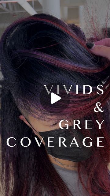 Emily Chen on Instagram: "PSA: Goldwell Elumen is a type of vivid color that can be used over grey. NOT an ad, I’m just obsessed with this hack. My client here has natural salt & pepper hair so when I use Elumen on her new growth, it looks as if I’ve lifted & deposited in a 2-part process, except it’s only one step 😎 

Formula 👇 

Base - Elumen 4 parts BL•ALL + 1 part VV•ALL 
Melted into - PK•ALL & finally into YY•ALL on the tips so it transitions from indigo to violet, to pink, then orange. 

#emchenhair #brooksandharlowsalon #saloneducation #hairbrained #behindthechair #modernsalon #beautylaunchpad #goldwellapprovedus #vivids #elumen #goldwell #vividhaircolor @goldwellus" Salt Pepper Hair, Goldwell Elumen, Pepper Hair, Salt And Pepper Hair, Vivid Hair Color, Launch Pad, Gray Coverage, Hair Brained, Modern Salon