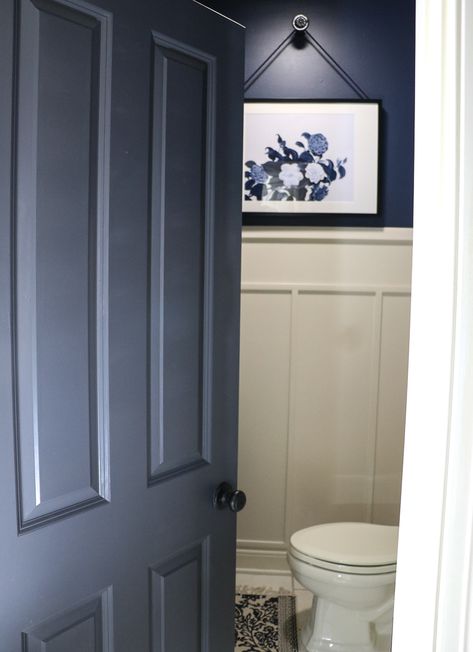 Navy Bathroom Makeover Navy And Tan Bathroom Ideas, Navy Bathroom Accent Wall, Gray Blue Bathroom Walls, Navy Board And Batten Wall Bathroom, Navy Blue And Green Bathroom, Navy And Beige Bathroom, Navy And Tan Bathroom, Blue Half Bathroom Ideas, Navy And Green Bathroom