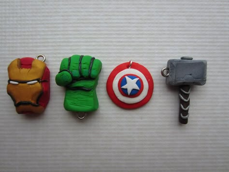 Fimo Avengers by Zoeira on deviantART Avengers Clay Art, Marvel Clay Earrings, Clay Avengers, Avengers Symbols, Crea Fimo, Clay Keychain, Clay Magnets, Polymer Clay Diy, Cute Polymer Clay