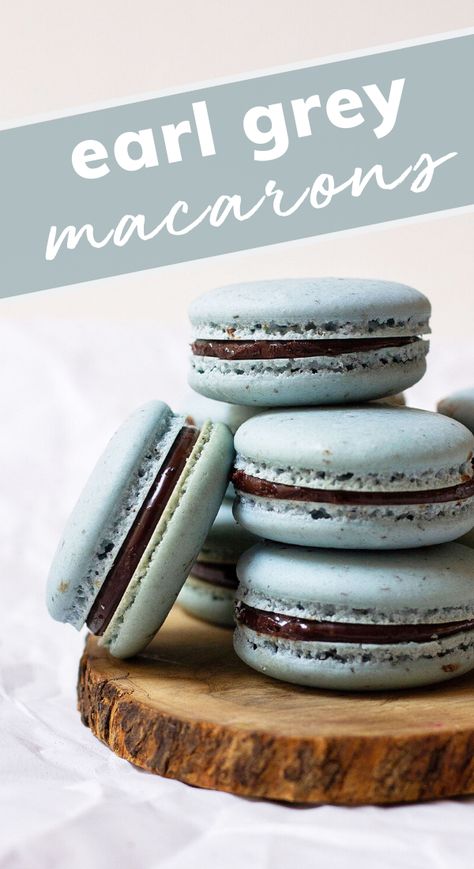 These Earl Grey macarons are to die for! Almond meringue cookie sandwiches filled with Earl Grey tea leaves and an Earl Grey ganache–what more could you want? #macarons #earlgrey Macaroons Ideas, Earl Grey Macaron, Creative Pastries, Macaron Fillings, Grey Macarons, Event Desserts, Earl Grey Chocolate, Almond Meringue, French Macaroon Recipes