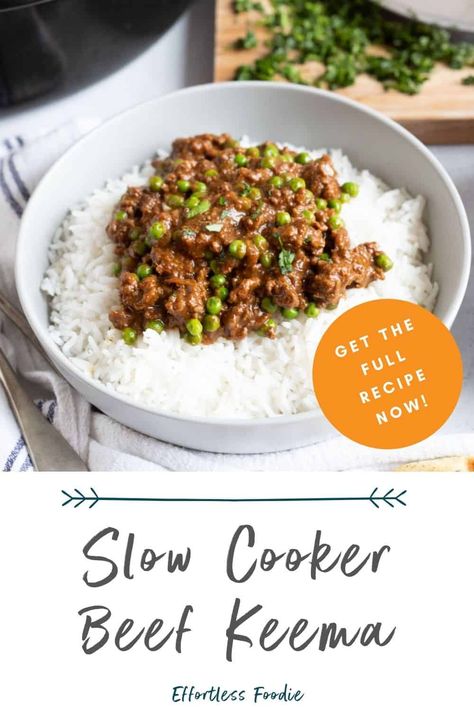 An easy dump-and-go slow cooker beef keema curry recipe made with low-fat minced beef! Serve with rice and naan bread. Slow Cooker Minced Beef, Keema Curry Recipe, Beef Keema, Slow Carb Recipes, Keema Curry, Keema Recipes, Vegan Slow Cooker Recipes, Minced Beef Recipes, Vegetarian Slow Cooker Recipes