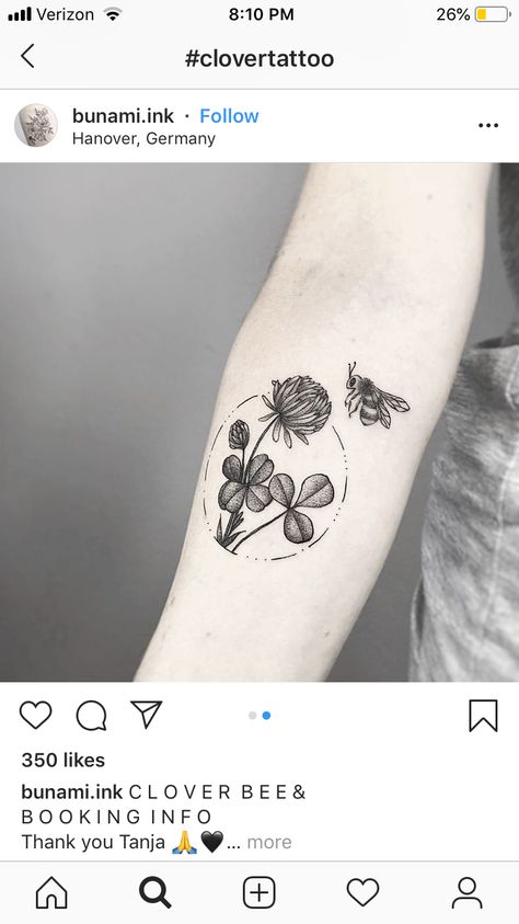 Clover bee tattoo White Clover Tattoo Flower, Bee On Clover Tattoo, Rose And Clover Tattoo, Clover And Bee Tattoo, Feminine Four Leaf Clover Tattoo, Realistic Clover Tattoo, Shamrock Flower Tattoo, Black And White Clover Tattoo, White Clover Tattoo