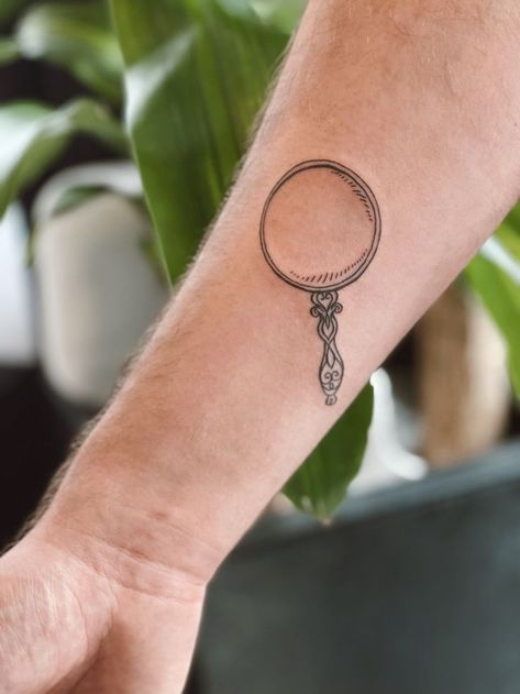 Dainty Fine Line Single Needle Magnifying Glass Tattoo with Detailed Swirls on Handle And Thin Line Work throughout Magnifying Glass Tattoo, Glass Tattoo, Me Tattoo, Bestie Tattoo, Nyc Tattoo, Fox Tattoo, Line Work, S Tattoo, Tattoo Tattoo