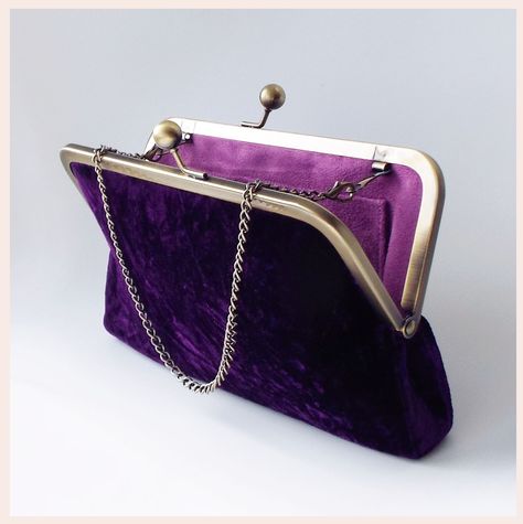 purple crushed velvet clutch bag with antique brass tone kisslock frame and shoulder chain Velvet Clutch Bag, Velvet Clutch, Purple Bag, Floral Border Design, Evening Purse, Blue Embroidery, Shoulder Chain, Women's Jewelry And Accessories, Purple Velvet