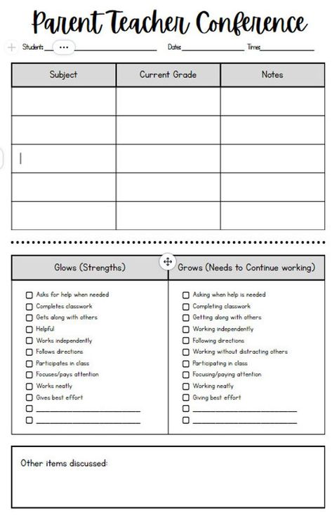 Facilitate productive and insightful parent-teacher conferences with our comprehensive Parent-Teacher Conference Form! This thoughtfully designed document provides an organized space to communicate essential information, making conferences a collaborative and informative experience. The form includes dedicated sections for current grades, highlighting student accomplishments (Glows), identifying areas for improvement (Grows), and open space for additional notes. This user-friendly template ensur Elementary Parent Teacher Conferences, Parent Documentation Form, Parent Teacher Conference Glows And Grows, Parent Conference Forms Free, Parent Teacher Documentation Form, Parent Teacher Conference Notes, Parent Teacher Partnership, Teacher Documentation, Parent Teacher Conference Forms