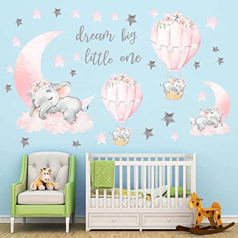 Sleeping Elephant, Nursery Decals Girl, Nursery Elephant, Elephant Decal, Elephant Wall Decor, Elephant Balloon, Hot Air Balloon Nursery, Nursery Stickers, Girls Wall Decor