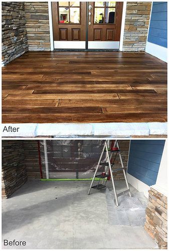 Rustic Concrete Wood - Porch Entryway - Before - After | Flickr Diy Stained Concrete Floors, Jungle Bedroom, Concrete Patio Makeover, Front Porch Makeover, Porch Remodel, Concrete Stained Floors, Painting Concrete Porch, Porch Makeover, Porch Flooring