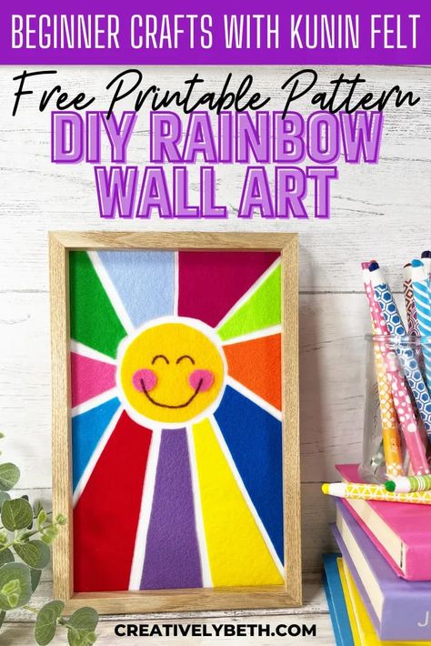 Easy Rainbow DIY Felt Wall Art with Kunin Felt Creatively Beth #creativelybeth #kuninfelt #rainbow #wallart #freepatterns Diy Rainbow Wall, Felt Wall Art, Crafts Organization, Rainbow Diy, Felt Wall, Gift Crafts, Beginner Crafts, Diy Rainbow, Rainbow Wall Art