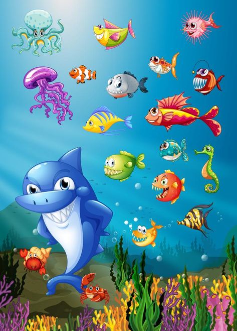 Shark and fish swimming under the sea Disney Sea, Fish Swimming, The Shark, Sea Animals, Animal Illustration, Sea Creatures, Under The Sea, The Sea, Vector Art