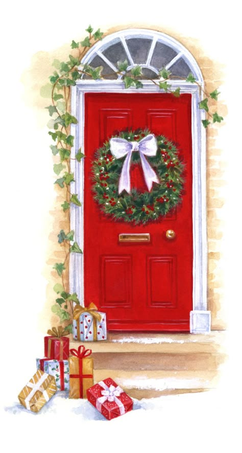 Lisa Alderson 5000 Followers, Vintage Christmas Images, Watercolor Christmas Cards, Advocate Art, Christmas Door Decorations, Christmas Drawing, Christmas Scenes, Red Door, Noel Christmas