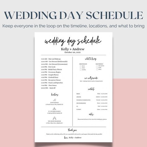 Wedding Day Of Timeline Template | Bridal Party Itinerary Schedule | Details for Bridesmaids and Groomsmen Editable Order of Events Wedding Day Timeline For Bridal Party, Wedding Day Of Timeline, Day Of Wedding Timeline, Wedding Schedule Timeline, Diy Wedding Checklist, Wedding Planner Spreadsheet, Party Schedule, Wedding Day Itinerary, Party Timeline