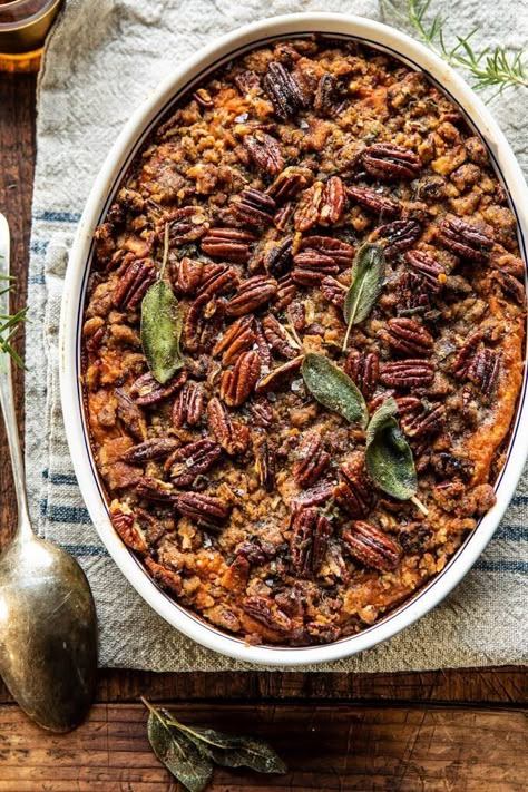 Bourbon Sweet Potato Casserole with Sweet n Savory Bacon Pecans | halfbakedharvest.com #sweetpotatoes #thanksgiving #casserole Half Baked Harvest Bourbon Sweet Potato, Gf Thanksgiving, Bourbon Sweet Potatoes, Savory Bacon, Thanksgiving Casserole, Thanksgiving Foods, Thanksgiving 2023, Potato Pasta, Holiday Dishes