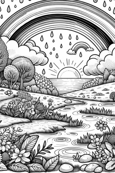 Relax and unwind with a stunning coloring page of a rainbow arching over a peaceful garden. Let your creativity flow as you bring to life this tranquil scene filled with blooming flowers, lush trees, and a gentle river. Add a touch of magic to your day with this whimsical coloring adventure. Perfect for adults and children alike to enjoy the soothing benefits of coloring. Escape into a world of colorful bliss with this enchanting Rainbow Garden Coloring printable Nature Coloring Pages Free Printable, Nature Escape, Giant Canvas, Peaceful Garden, Garden Coloring, River Flowing, Rainbow Garden, Birds In The Sky, Serene Nature