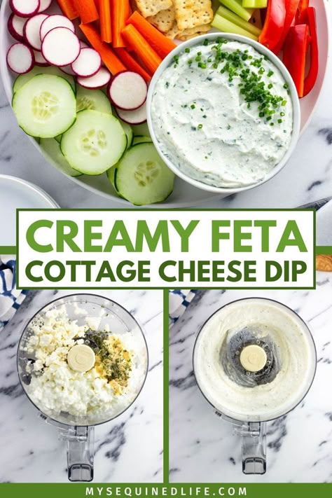 Feta cottage cheese dip being made in a food processor and in a bowl on a platter of vegetables and crackers. Cottage Cheese And Feta Dip, Whipped Feta Cottage Cheese Dip, Cottage Cheese Tzatziki Dip, Cottage Cheese Taziki Sauce Recipe, Cottage Cheese Veggie Dip Recipes, Feta Cottage Cheese Dip, Heart Healthy Cheese, High Protein Dip For Veggies, Veggie Dip With Cottage Cheese