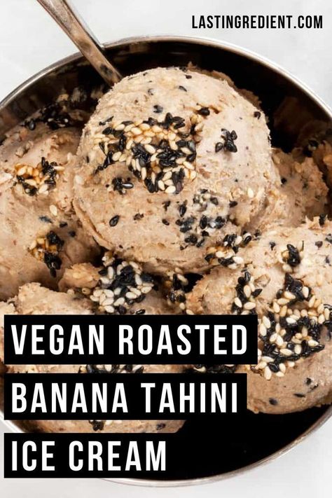 The subtle sweet, toasty and nutty flavor of this vegan roasted banana tahini ice cream is perfectly matched with the sesame crunch swirl. #icecream #dessert #vegan Banana Tahini, Roasted Banana, Dessert Vegan, Vegan Roast, Banana Ice Cream, Favorite Dessert Recipes, Vegan Ice Cream, Nice Cream, Seasonal Recipes