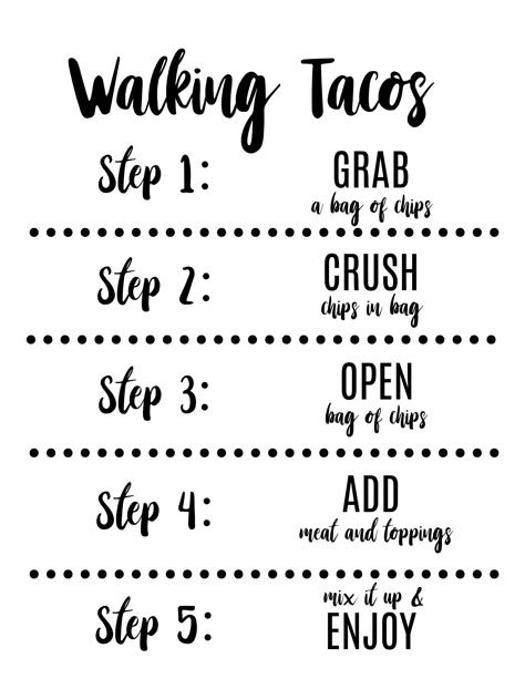 Walking Tacos Sign Walking Taco Printable Free, Walking Tacos For Graduation Party, Walking Taco Bar Sign Printable Free, Walking Tacos Party Ideas, Walking Taco Bar Sign, Walking Tacos Graduation Party, Walking Taco Sign, Walking Taco Graduation Party, Walking Taco Bar Party