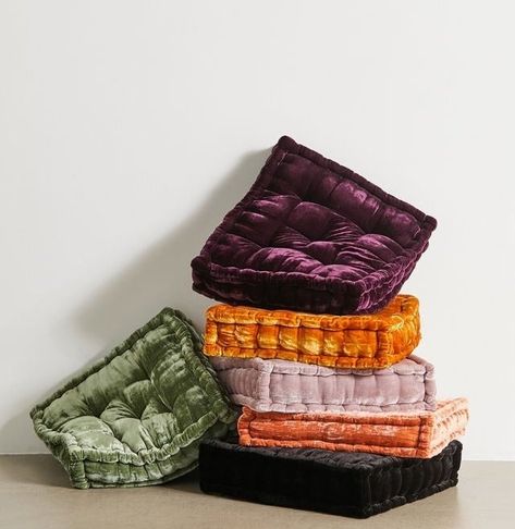 A velvet floor pillow to give your pad a little extra seating. And as a huge bonus, they'll still look adorable stacked when you're not using them. French Mattress Cushion, French Mattress, Nanning, Living Room Arrangements, Velvet Ottoman, Velvet Bed, Floor Seating, Pouf Ottoman, Velvet Pillow Covers