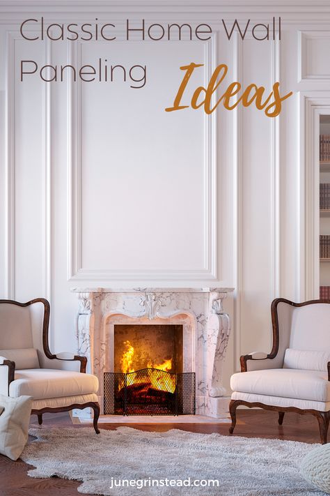 White Marble Fireplace Surround, White Wall Paneling, chairs by fire, rug in front of fireplace Wainscoting Fireplace Wall, Wall Paneling Dining Room, Dining Room Paneled Walls, Wood Wall Paneling Ideas, Bedroom Wainscoting Ideas, Paneling Walls Makeover, Raised Panel Walls, Classic Wall Panel, Dining Room Paneling