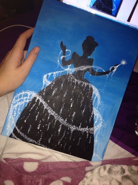 Cute Disney Paintings On Canvas, Easy Princess Painting, Silhouette Painting Tutorial, Cinderella Canvas Painting, Disney Painting Tutorial, Disney Scenes To Paint, Cinderella Painting Ideas, Disney Princess Paintings Easy, Princess Painting Ideas