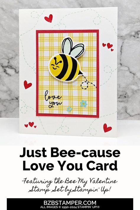 Uniquely show your love using the Bee My Valentine Bundle by Stampin' Up! These bee-themed images are perfect for expressing your feelings creatively. Follow our tutorial for easy and enjoyable card-making. Create a buzz with your heartfelt expressions of love – start crafting now! Bee Mine Stampin Up Cards, Stampin Up Bee My Valentine, Bee My Valentine Stampin Up Cards, Stampin Up Valentines Day Cards, Bee Valentines Cards, Valentine 2024, Bee My Valentine, Bee Birthday Cards, Stampin Up Valentine Cards