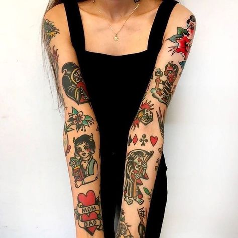 Color Arm Sleeve Tattoos For Women, Traditional Style Sleeve Tattoo, Flash Tattoo Sleeve Women, Forearm Tattoo Women American Traditional, Coloured Traditional Tattoo, Mismatched Tattoos, Full Color Sleeve Tattoos Women, Color Tattoo Sleeve Women, Traditional Arm Tattoos For Women