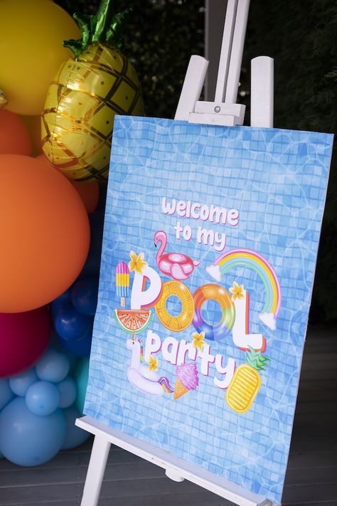 Pool Party Balloon Backdrop, Pool Party Birthday Ideas For Kids, Kids Pool Party Ideas, Pool Party Cookies, Palm Springs Pool Party, Kids Pool Party, Palm Springs Pool, Pool Party Themes, Pool Party Kids