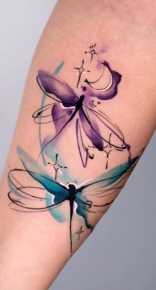 Small Dragonfly Tattoo, Whimsical Tattoos, Purple Tattoos, Dragonfly Tattoo Design, Fairy Tattoo Designs, Watercolor Tattoos, Dragonfly Tattoo, Fairy Tattoo, Tattoos For Daughters