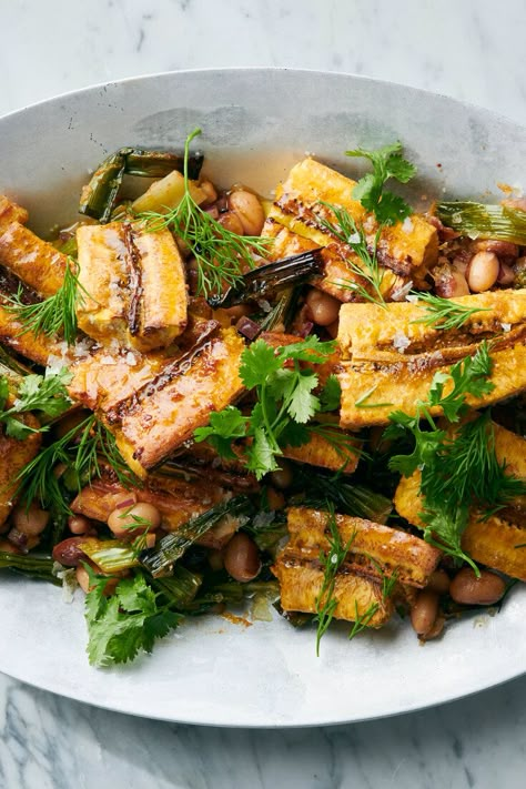 Caramelized Plantains With Beans, Scallions and Lemon Recipe - NYT Cooking Caramelized Plantains, Sweet Plantains, Main Recipes, Vegetarian Mains, Lemon Recipe, Plantain Recipes, Ripe Plantain, Vegetarian Sides, Veggie Meals