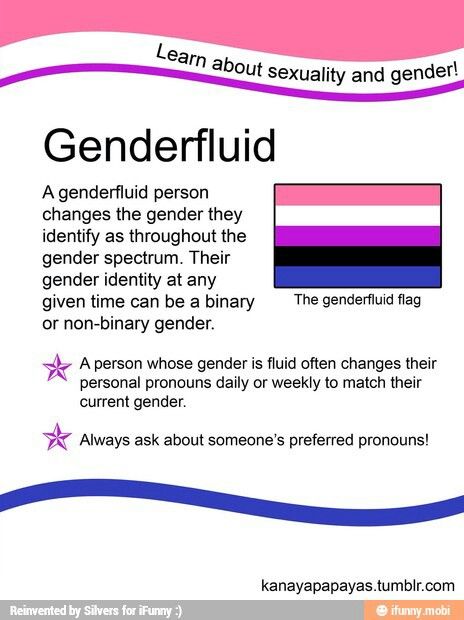 I read a book called "Symptoms of Being Human" by Jeff Garvin about a gender-fluid teenager. It was enlightening and inspiring - I highly recommend it!! Gender Identities Definitions, Gender Fluid Definition, Gender Explanation, Gender Fluid Meaning, Gender Fluid Bingo, What Is Gender Fluid, Gender Fluid Quotes, Lgbtq Meaning, Genderfluid Flag