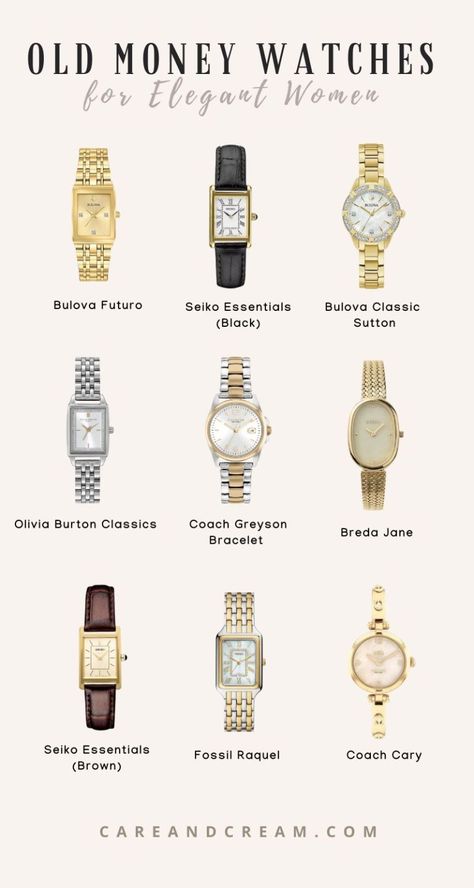 Hand Watches Women, Watches Outfit Woman, Watch For Women Aesthetic, Aesthetic Women Watch, Old Money Aesthetic Watch, Vintage Watch For Women, Best Women Watches, Old Money Jewelry Aesthetic Women, Fashion Accessories Aesthetic