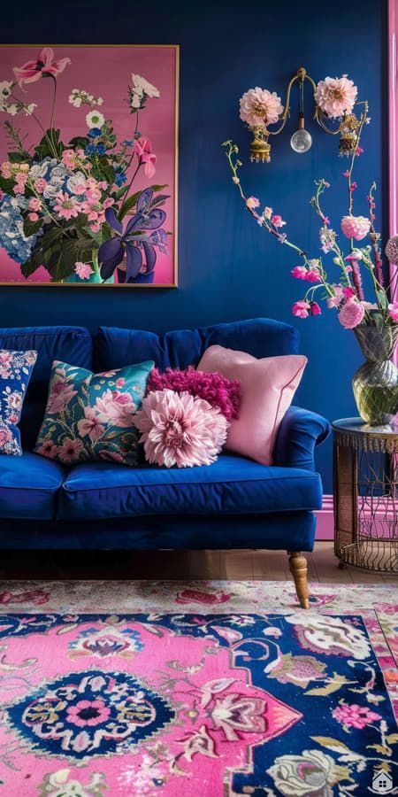 Blue And Pink Living Room, Funky Eclectic Decor, Burgundy Living Room, Pink Living Room Decor, Electric Colors, Gallery Wall Design, Eclectic Apartment, Purple Living Room, Library Living Room